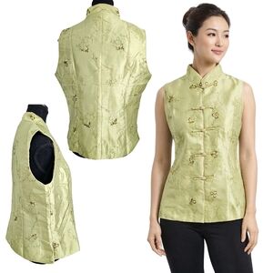 Jade Green Embroidered Chinese Silk Vest Frog Closure Mandarin Collar S/M